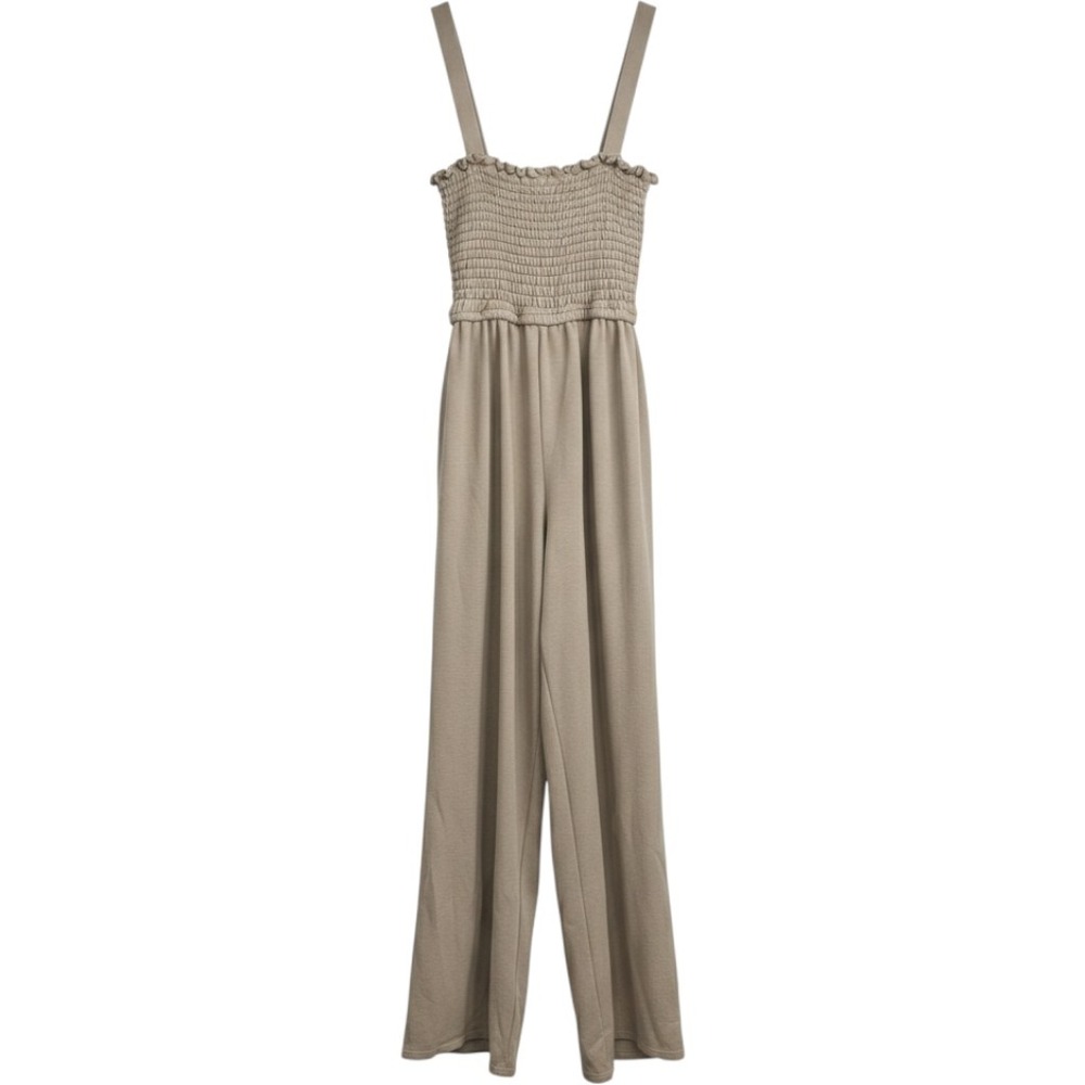 Sevengate Taupe Smocked Wide Leg Jumpsuit Sleeveless Pockets Size S